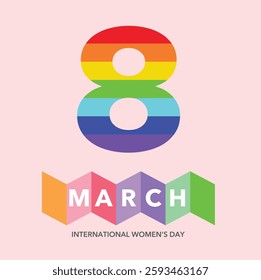 Poster for International Women's Day. Multicolored number 8 on a light pink background, the white word MARCH on a square shape and the gray words INTERNATIONAL WOMEN'S DAY at the bottom.