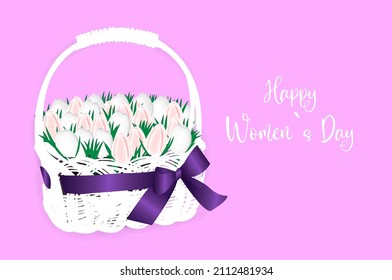 Poster for international women's day,decor of flowers tulips in an elegant basket on a bright pink background. Floral vector card for March 8, Invitations for March 8 Vector illustration