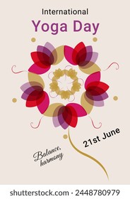Poster: International Yoga Day. Top view of lotus flowers in a circle. Meditation and mindfulness vector template or poster concept. Shield of balance and harmony, zen. Mandala style.