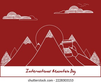 Poster for Internatonal mountain day December 11. A hand with coffee on the mountains` background.