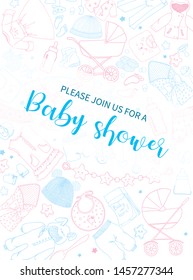 Poster invitation Baby shower with a pattern of things for babies. Sketch. Vector