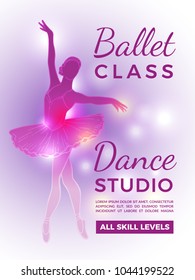 Poster invitation in ballet school. Vector design template with place for your text. Ballet class banner, ballerina dance classic illustration