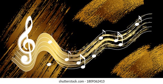 Poster or invitation card decorated with precious materials of gold and copper, on the theme of classical music.