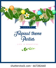 Poster or Invitation card with tropical themed garland with palm leaves, flowers, flags and balloons. Vector illustration