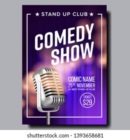 Poster Invitation To Comedy Show In Club Vector. Old Metal Microphone Violet Curtain On Background Banner With Date, Ticket Price And Place Of Show. Retro Style Realistic 3d Illustration