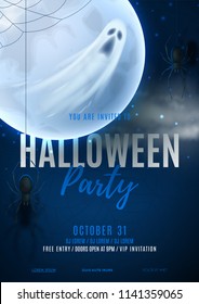 Poster invitation for Halloween party. Vector illustration with realistic full moon, spiders and ghost on dark blue background with spider web pattern. Invite to nightclub.