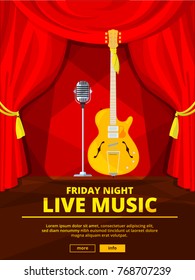 Poster invitation at live music concert. Vector picture of retro microphone and acoustic guitar. Concert poster invitation to live music illustration