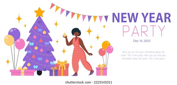Poster, invitation. New Year party. Vector illustration, flat style. Girls dance, party, holiday. Jewelry and gifts. Christmas and New Year. Corporate style.