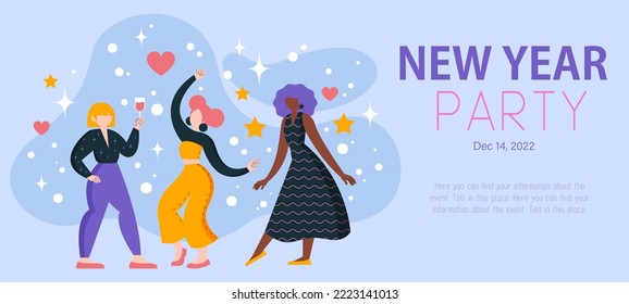 Poster, invitation. New Year party. Vector illustration, flat style. Girls dance, party, holiday. Jewelry and gifts. Christmas and New Year. Corporate style.