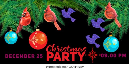 Poster, invitation to the New Year's party. Birds and Christmas tree decorations on spruce branches. This is the symbol of the Christmas holidays.