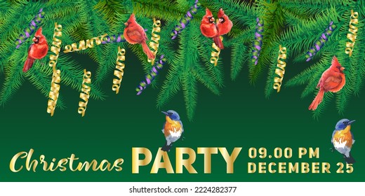 Poster, invitation to the New Year's party. Birds and Christmas tree decorations on spruce branches. This is the symbol of the Christmas holidays.