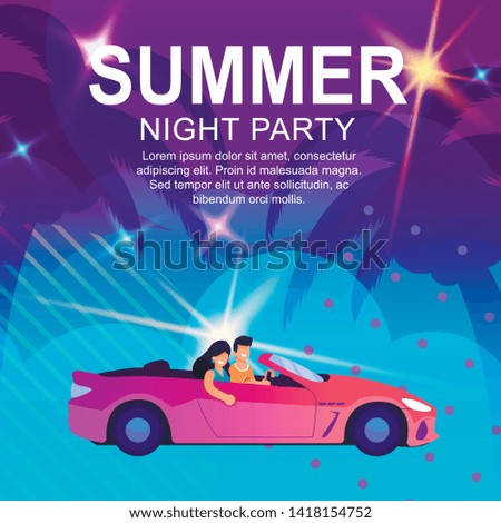 Poster Inviting to Summer Night Party. Cartoon Happy Young Couple, Boyfriend and Girlfriend Drive Pink Convertible Illustration. Vector Banner with Tropical Palms on Backdrop. Beach Event Invitation