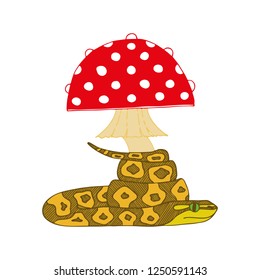 Poster with an isolated fly agaric with a snake. White background. Flat doodle style vector illustration.