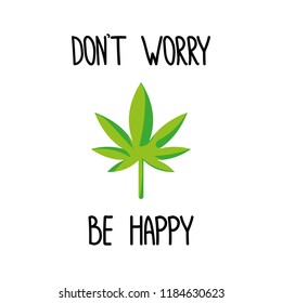 Poster with an isolated green leaf of weed and black hand drawn lettering on a white background. Flat cartoon style vector illustration.