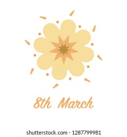 Poster with an isolated yellow flower and petals and a text sample. White background. Flat style vector illustration.