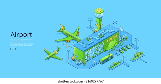 Poster with isometric airport terminal, planes on runway and traffic control tower. Vector horizontal banner with axonometric terminal building, aircrafts and passenger bus