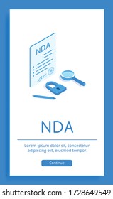 A poster with an isometric image of a non-disclosure agreement, lock, pen and magnifier. Stylish illustration on a white background. Ensuring data security through contract.