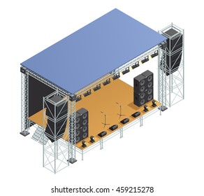 Poster with isometric image of stage metallic construction with speakers microphones spotlights and other elements vector illustration