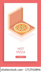 Poster with isometric pizza vector illustration on a white background. Multi-colored pizza with sausage, olives and herbs in a cardboard box for delivery. Advertising poster with web design elements.