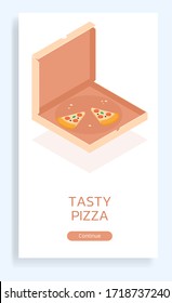 Poster with isometric pizza vector illustration on a white background. Pieces of pizza with sausage, olives and herbs in a cardboard box for delivery. Advertising poster with web design elements.