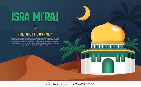 A poster for Isra Mi'raj with mosque and blue background