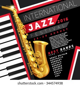 Poster for jazz festival with golden saxophone and piano keys vector Illustration 