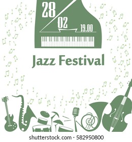 Poster for the jazz festival with musical instruments and notes