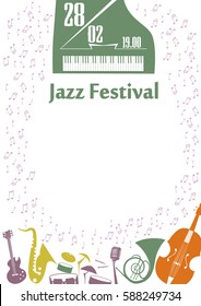 Poster for the jazz festival with musical instruments and notes