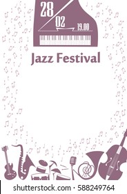 Poster for the jazz festival with musical instruments and notes