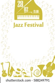 Poster for the jazz festival with musical instruments and notes
