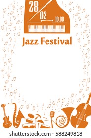 Poster for the jazz festival with musical instruments and notes