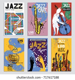 Afiche del Festival de Jazz con instrumentos musicales. Ilustración dibujada a mano con diferentes texturas de tinta.