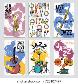 Poster for the Jazz Festival with Musical Instruments. Hand Drawn illustration with Different Ink Textures.