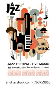 A poster for a jazz festival with musical instruments. Illustration with saxophone and piano keys and guitar. Colorful jazz festival musicians singers