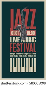 afiche del festival de jazz con saxofón y llaves del piano