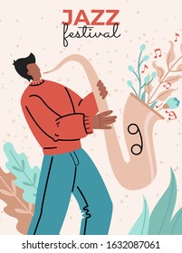 Poster jazz festival. Saxophone players, flowers on the background. Vector flat illustration