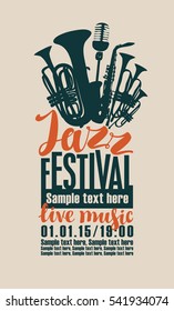 poster for the jazz festival with saxophone, wind instruments and a microphone