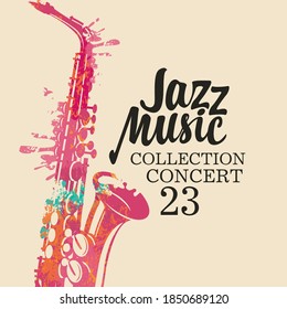 Poster for a jazz music concert with a bright abstract saxophone in form of bright spots and lettering on a light background. Suitable for vector flyer, invitation, banner, cover, advertisement