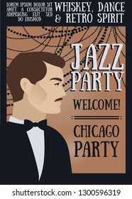 Poster for jazz show, can be used as invitation for 20s style or gatsby party, retro style vector illustration