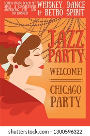 Poster for jazz show, can be used as invitation for 20s style or gatsby party, red and yellow colors,  retro style vector illustration