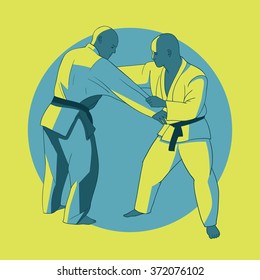 Poster mit Jiu-Jitsu-Kämpfern. Vektorgrafik.  Banner der Kampfkunst.