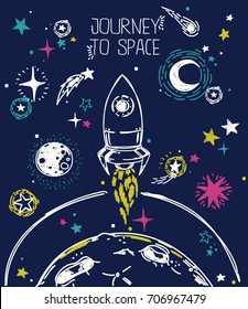 poster for journey to space with sketch stars, rocket, comets and planets, can be used for cosmic party or for space exploration program, vector illustration