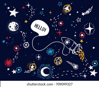 cartaz para viagem ao espaço com estrelas de esboço, foguete, cometas e planetas, cor azul profundo, pode ser usado para festa de aniversário, ilustração vetorial