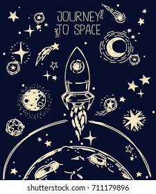 poster for journey to space with sketch stars, rocket, comets and planets, can be used for cosmic party or for space exploration program, vector illustration