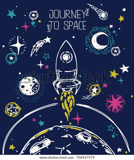 宇宙への旅のポスターで スケッチ星 ロケット 彗星 惑星を持つものは 宇宙パーティーや宇宙探査プログラム ベクターイラスト に使用できます のベクター画像素材 ロイヤリティフリー