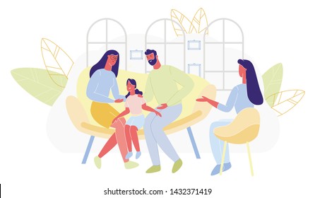 Poster Joyful Family Communication Cartoon Flat. Dad and Mom are Sitting Together on Couch and Chatting with their Daughter Parents with Girl Visit Specialist. Group Family Counseling.