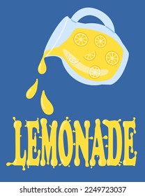 Poster jug of lemonade on a blue background, lettering. Summer refreshing drinks.