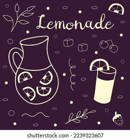 Poster jug of lemonade with outline lemons. Summer cocktail with fresh fruits. Hand drawn outline illustration in vector doodle style. Light lines on a dark burgundy background. Print for menu