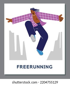 Poster mit springenden jungen Jungen in ungeknöpftem violettem Hemd über freerunning und parkour flach Stil, Vektorgrafik einzeln auf grauem Hintergrund. Straßensport, Lifestyle