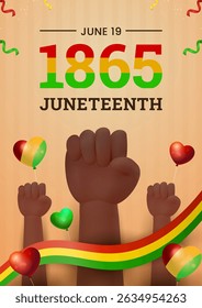 Poster Juneteenth inspired illustration featuring raised fists and multicolored heart balloons, celebrating freedom and equality with red, yellow, and green accents.